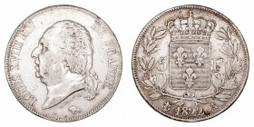Francia	Luis XVIII. 5 Francos. AR. París. 1822 A. 24.89g. KM.711,1. MBC-.