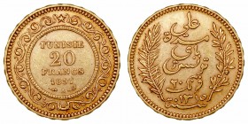 Túnez	. 20 Francos. AV. París. 1897 A. 6.45g. KM.227. MBC/MBC+.