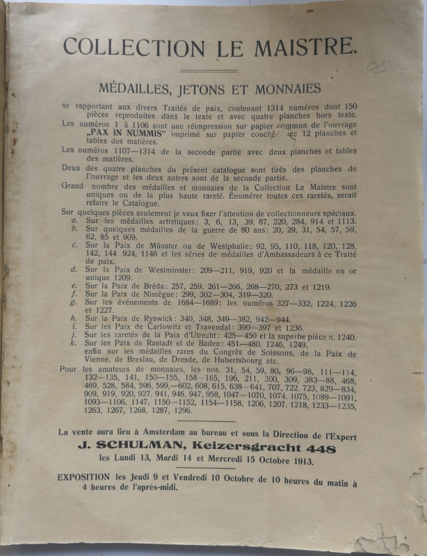 Libri. Francia. Catalogo d'Asta. Collezione Le Maistre. 1913. Senza Copertina. P...