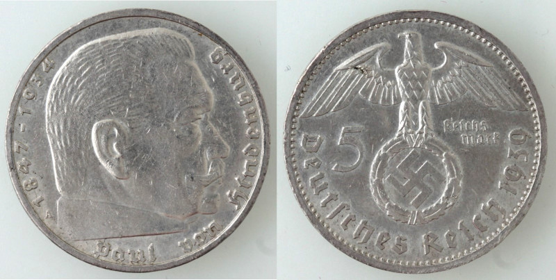 Germania. Terzo Reich. 5 Marchi 1939 F. Svastica-Hindenburg. Ag. Km. 94. Peso gr...