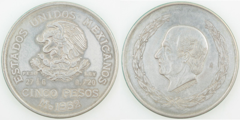 Messico. 5 Pesos 1952. Ag. KM 467. Peso gr. 27,78. Diametro mm. 40. qSPL. Pulita...