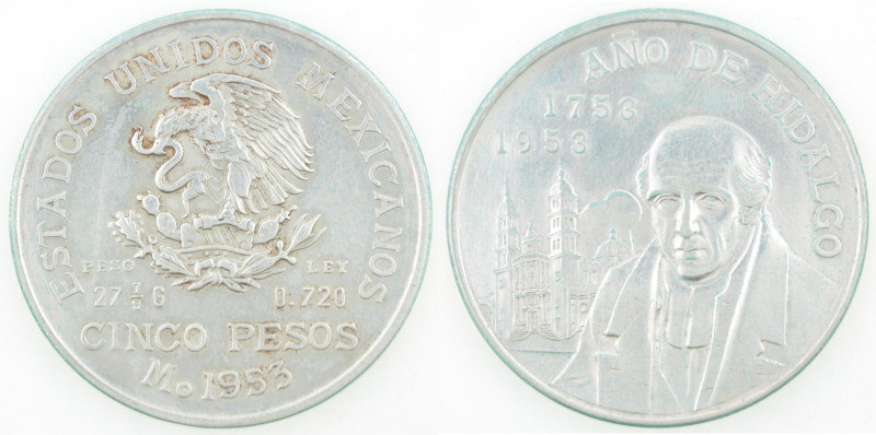 Messico. 5 Pesos 1953. Bicentennale Hidalgo. Ag. KM 468. Peso gr. 27,75. Diametr...