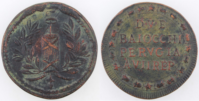 Perugia. Prima Repubblica Romana. 1798-1799. 2 Baiocchi. Ae. Gig. 3. Peso gr. 14...