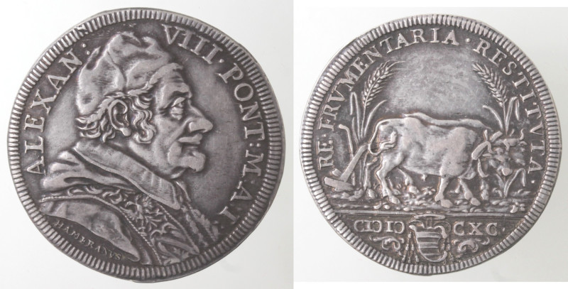 Roma. Alessandro VIII. 1689-1691. Testone 1690, Anno I. Ag. Munt. 16 var. MIR. 2...