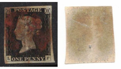 Varie. Francobolli. Gran Bretagna. Penny Black 1840. Lettere L-F. Primo Francobollo al mondo. Usato .Margini buoni. Buone Condizioni.