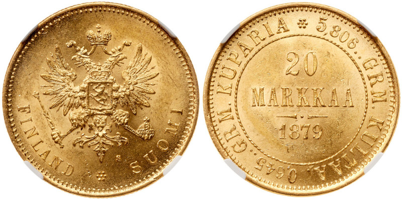 20 Markkaa 1879 S. GOLD. Bit 612, Fr.1, KM 9.2. 300,000 pieces struck. Authentic...