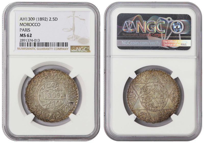 Morocco 5 Dirham AH1309 (1892) Rare date Paris mint UNC NGC MS-62
KM#Y7. Scarce...