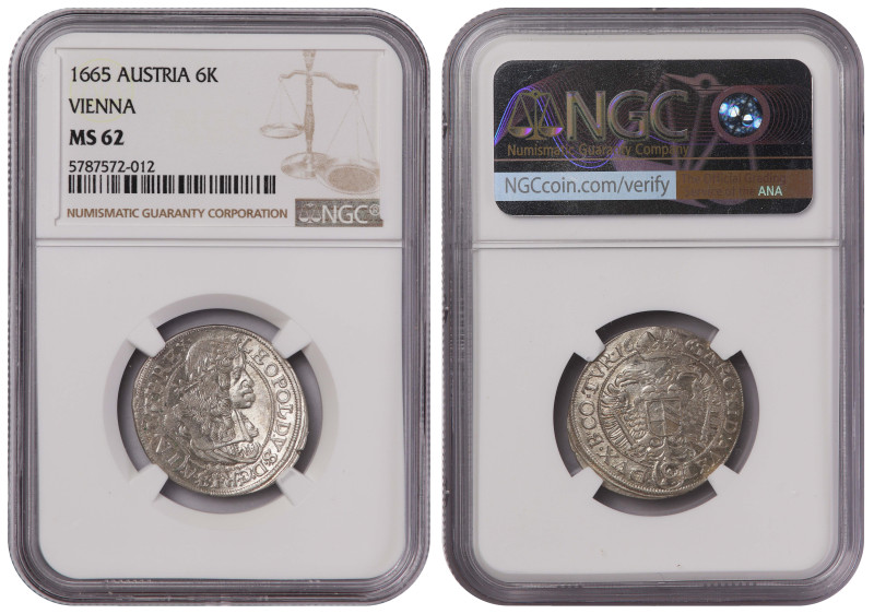 Austria 6 Kreuzer 1665 CA. NGC MS-62
KM-1185, Her# 1128-1133, N# 125894; Archdu...