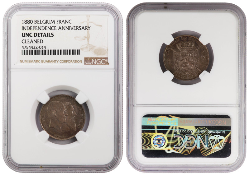 Belgium 1 Franc 1880. NGC UNC Details
KM-38; 50th Anniversary of Independence; ...