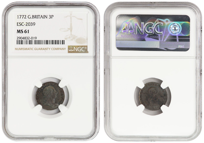 Great Britain, George III, maundy 3 pence 1772 NGC MS61.
KM# 591. Great little ...