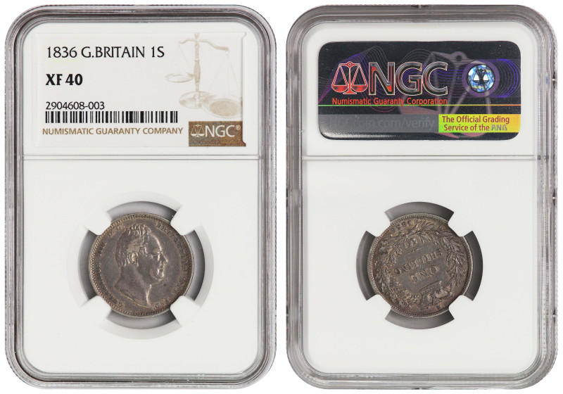 Great Britain, William IV silver shilling 1836 NGC XF40
KM# 713. Nicely patinat...