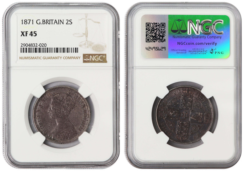 Great Britain, Victoria. Gothic silver florin 1871 (die 3) NGC XF45.
KM# 746.2....