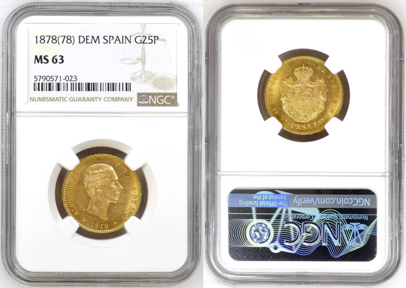 Spain 25 Pesetas 1878(78) DE M. NGC MS-63
KM#673, Gold 0.900, 8,06 g, Ruler: Al...