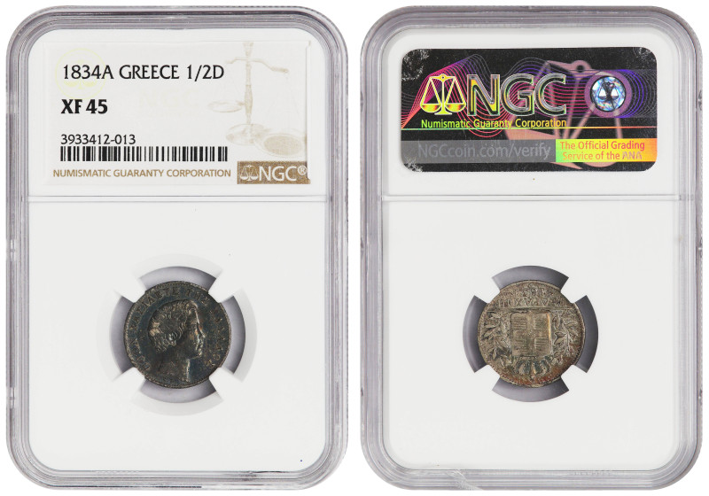 Greece 1/2 Drachm 1834-A Choice XF emerald tone NGC XF-45. CV $600
KM#19. Scarc...