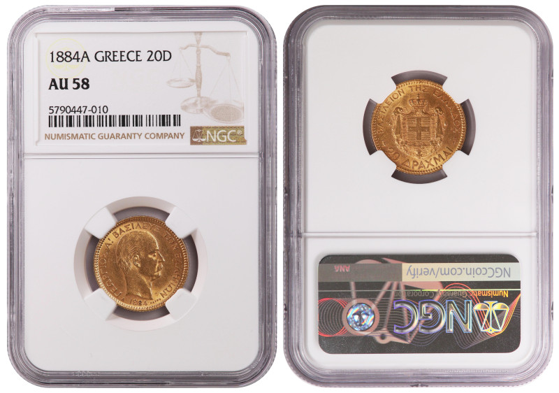 Greece 20 Drachmai 1884 A. NGC AU-58
KM-56, N# 26036; Ruler: George I, 3rd port...