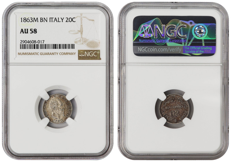 Italy silver 20 centesimi 1863-M BN, Lustrous nearly UNC. NGC AU58
KM# 13.1. Lu...