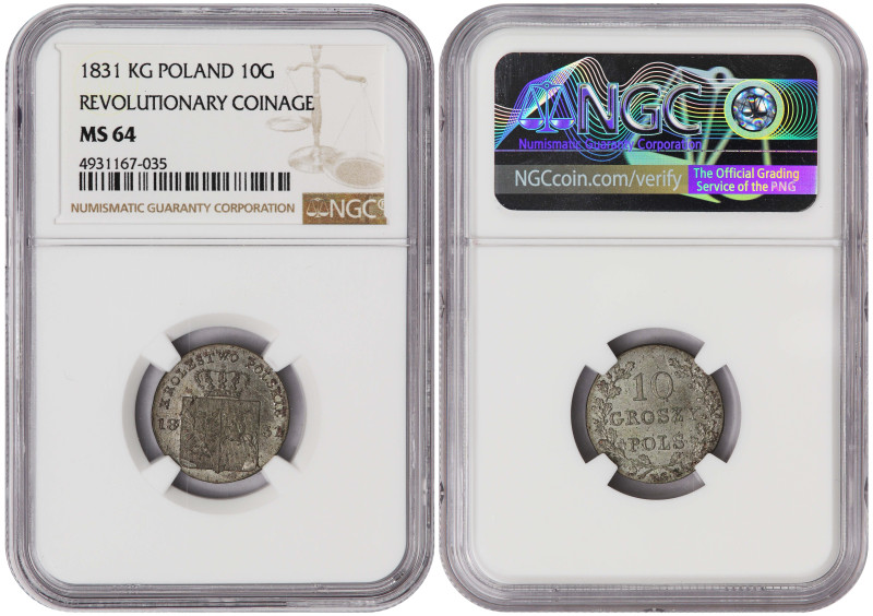 Poland 10 Groszy 1831 K.G. NGC MS-64. Revolutionary Coinage
Gum# 2535, C# 121; ...