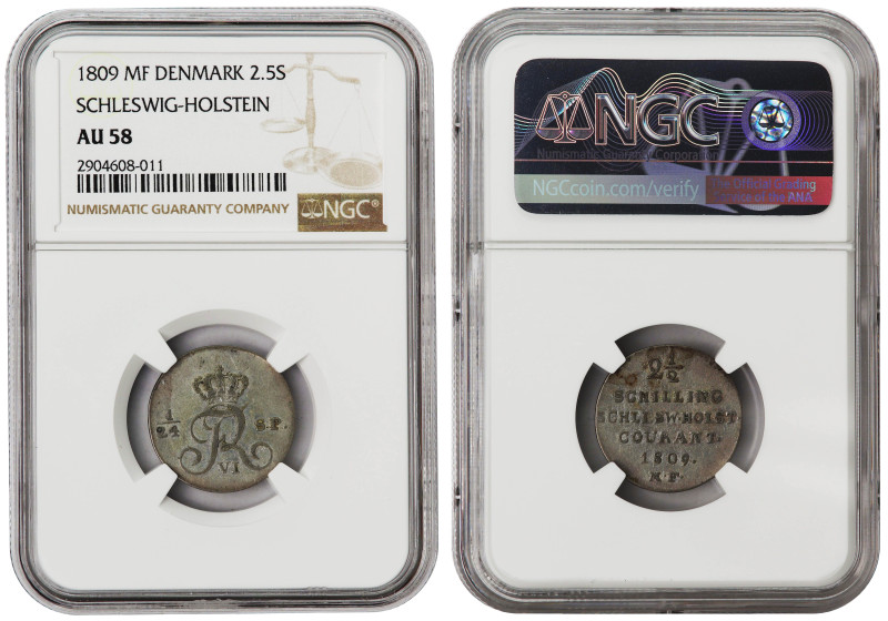 Germany-Denmark, Schleswig-Holstein 2.5 schilling 1809 nearly UNC, NGC AU58. Rai...