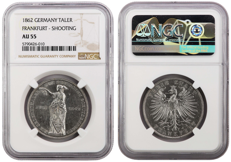 German States FRANKFURT 1 Thaler 1862 NGC AU-55 Shooting Thaler
KM-371, AKS#44,...