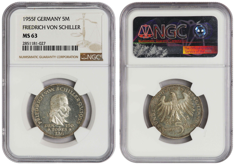 Germany 5 Mark 1955 Schiller Choice UNC NGC MS-63
KM#114. Rare early issue, Bri...