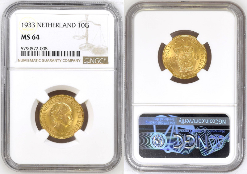 Netherlands 10 Gulden 1933. NGC MS-64
KM-162; Gold (.900), 6,73 g, Ruler: Wilhe...