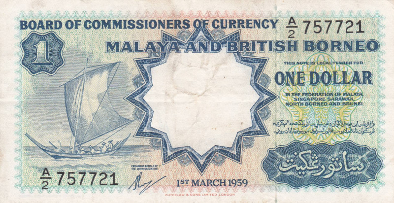 Malaya and British Borneo 1 Dollar 1959 
P-8a, N# 202268, 1.3.1959; Printer: W&...