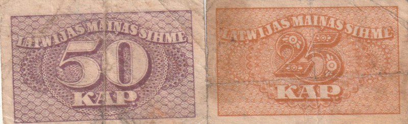 Latvia 25,50 Kapeikas 1920 Lot of 2 Banknotes
Pick#11,12 VF