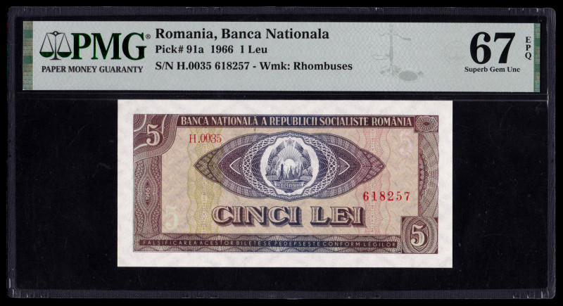 Romania 5 Lei 1966 PMG Super Gem UNC 67 EPQ
P-93a; UNC