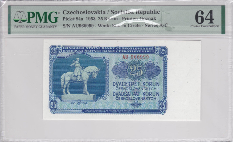 Czechoslovakia 25 Korun 1953 PMG 64 
P-84a, Nice Number 966999, Choice UNC