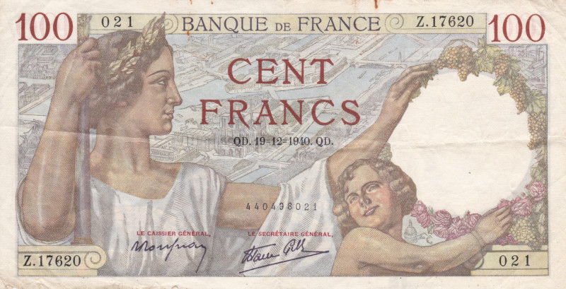 France 100 Francs 1940
P-94, F.26/43; Duke of Sully - 19.12.1940; alphabet 1725...