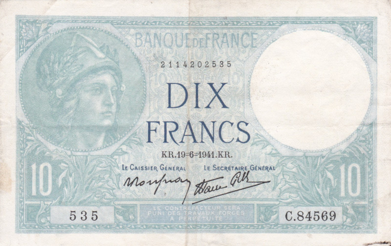 France 10 Francs 1941
P-84, F.07/29; Minerve - 19.06.1941; alphabet 84337-84912...