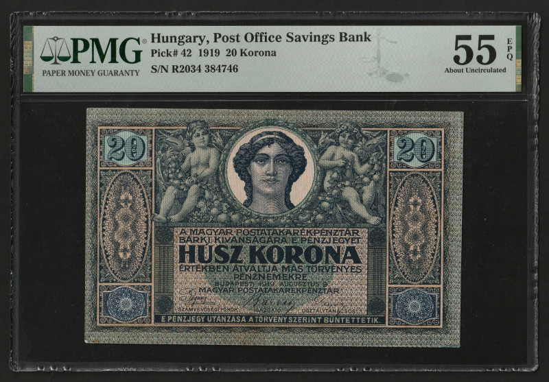 Hungary 20 Korona 1919. PMG 55 EPQ
P-42, N# 216642; 9.8.1919; About UNC