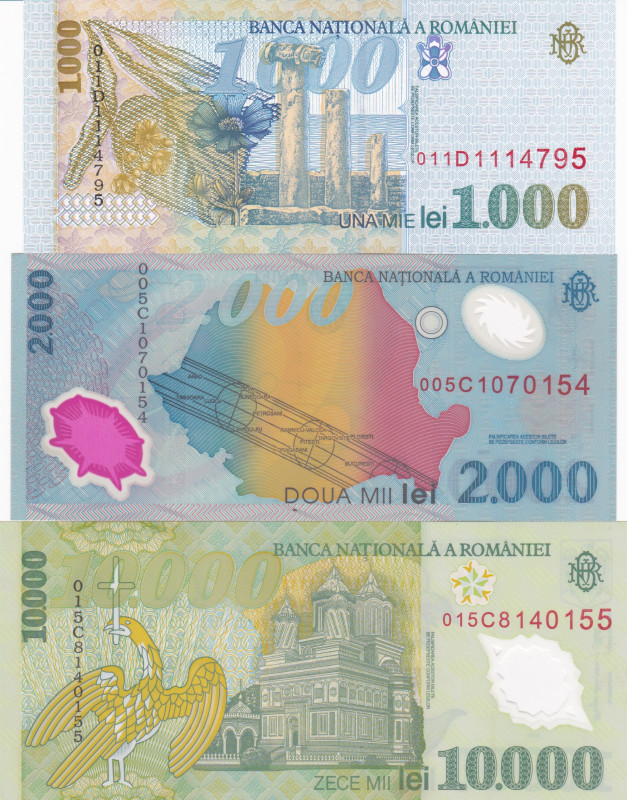 Romania 1000, 2000, 10.000 Lei 1998-2001 Lot of 3 banknotes
P-106, 111a, 112b; ...