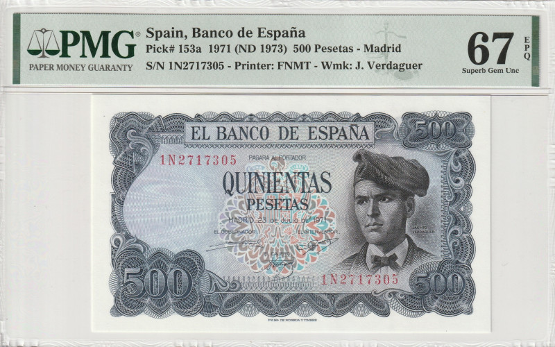 Spain 500 Pesetas 1971 PMG Superb Gem UNC 67 EPQ
P-153a, N# 205700, WMK: J.Verd...