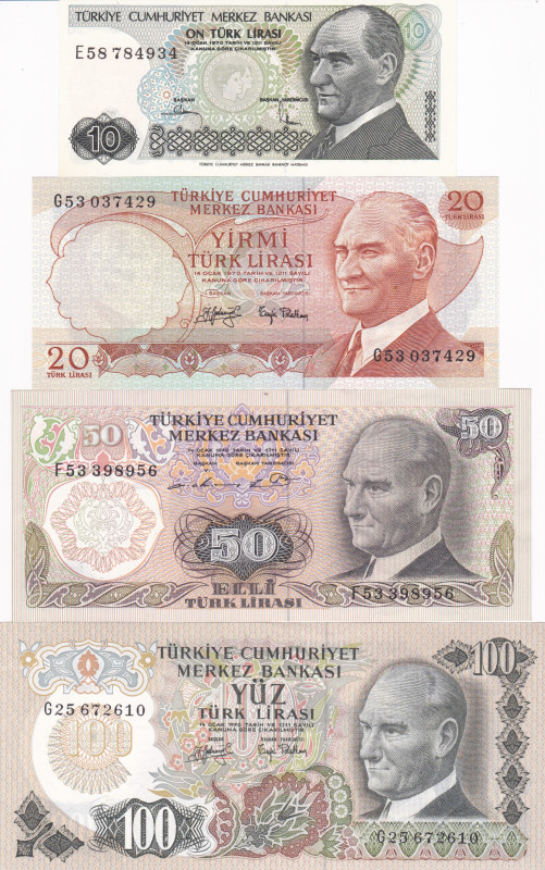 Turkey 10, 20, 50, 100 Lira 1974-79 Lot of 4 banknotes
P-187a, 188, 189b, 192; ...