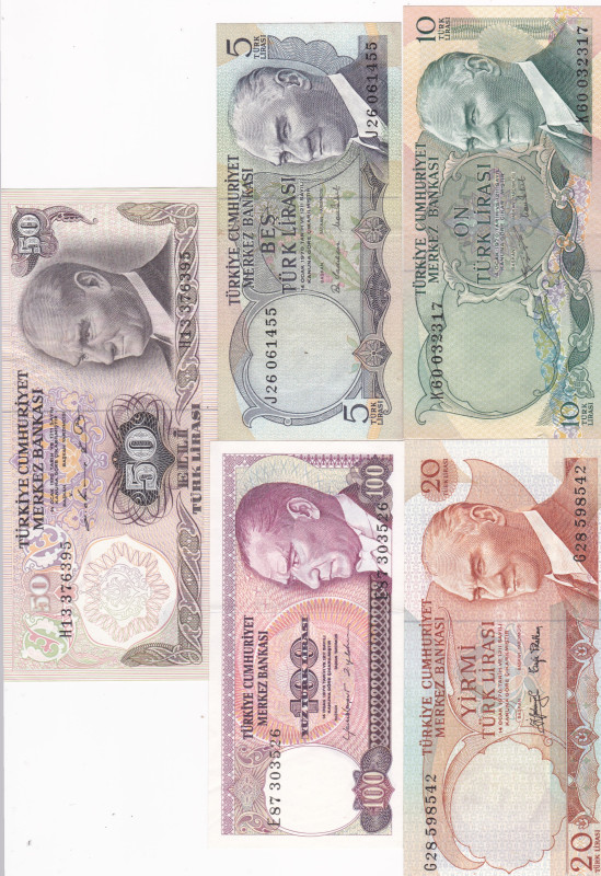 Turkey 5, 10, 20, 50, 100 Lira 1976-84 Lot of 5 banknotes
P-185, 186, 187a, 189...