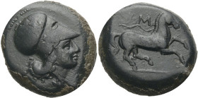 Sizilien. 
Aitna. 
Bronze, 360-340 v. Chr. [ AITNAIWN ] Athenakopf n.r. im korinthischen Helm mit Nackenschutz. Rv. Pferd mit losem Zügel n.r. galop...