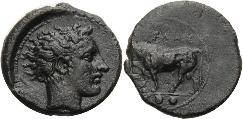 Sizilien. 
Gela. 
AE Trias, 420-405 v. Chr. Kopf des jugendlichen Flussgottes ...