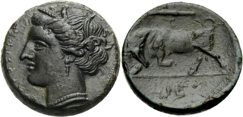 Sizilien. 
Syrakus. 
Agathokles, 317-289 v. Chr. Bronze. Nymphenkopf mit Ähren...