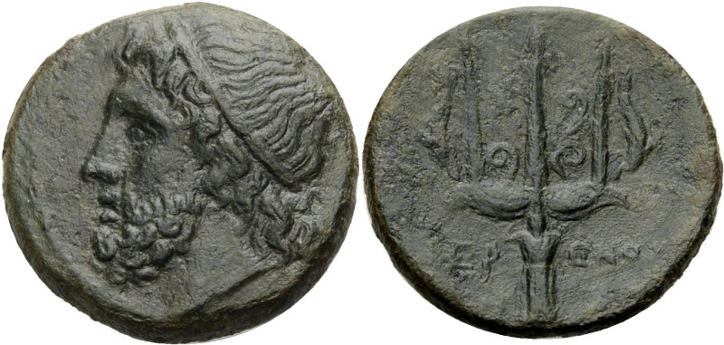 Sizilien. 
Syrakus. 
Hieron II., 275-215 v. Chr. Bronze. Kopf des Zeus mit Dia...
