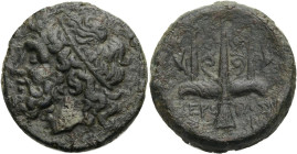 Sizilien. 
Syrakus. 
Hieron II., 275-215 v. Chr. Bronze, ca. 240-215 v. Chr. Bärtiger Poseidonkopf mit Tänie n.l. Rv. IERWNOS Dreizack. Keine sichtb...