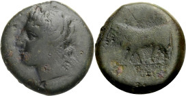 Sizilien. 
Tauromenion. 
Bronze, ca. 357-315 v. Chr. Kopf des Apollo Archagetas mit L. n.l. Rv. Menschenköpfiger Stier n.l. 14,59 g. 25 mm. Calciati...