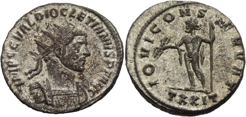 Kaiserzeit. 
Diocletianus, 284-305. Aurelianus, Ticinum, 285 Gep. Büste mit Str...