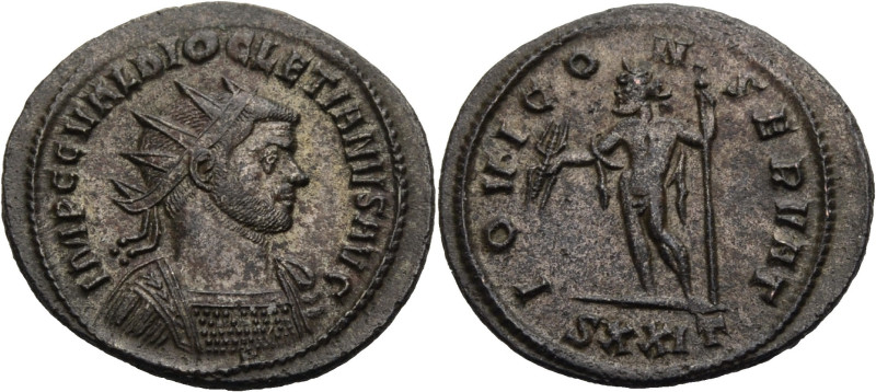 Kaiserzeit. 
Diocletianus, 284-305. Aurelianus, 286. Ticinum. Gep. Büste mit Dr...