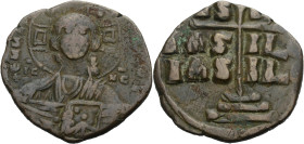 Anonyme Bronze-Folles. Follis, Klasse G, ca. 1065-1070 Die Büste Christi frontal mit Kreuznimbus im Pünktchenkreis. Rv. Büste der Maria Orans frontal ...