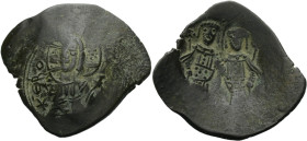 Alexios III. Angelos-Komnenos, 1195-1203. Billon-Aspron Trachy. Bartlose Büste Christi frontal. + KR PO (.) Rv. Der Kaiser und der Hl. Constantinus l....