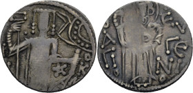 Manuel I 1238-1263. Asper. Der König, Manuel, Labarum und volumen haltend. Rv. Der Hl. Evgenios. O AGIOS EUGENIOS. 2,85 g. 20 mm. Sommer T 3.12.8. Ret...