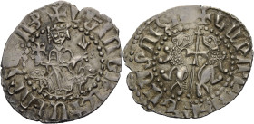 Armenia. 
LEVON I, 1198-1219. Tram. Thronender König mit Kreuz und Lilienzepter. Rv. Doppelkreuz zwischen zwei Löwen. 24 mm; 2,89 g. Bed.&nbsp;123ff....