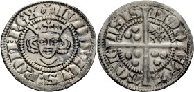 Aachen, königliche Münzstätte. 
LUDWIG IV., DER BAYER, 1314-1347. Sterling. Gekrönter Kopf von vorn, (Adler) LVDOVICVS: ROM: REX Rv. Langkreuz, im zw...