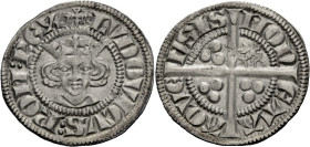 Aachen, königliche Münzstätte. 
LUDWIG IV., DER BAYER, 1314-1347. Sterling. Gekrönter Kopf von vorn, (Adler) LVDOVICVS: ROM: REX Rv. Langkreuz, im zw...